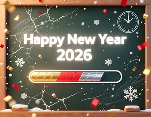 Bright text displays Happy New Year 2026 with a loading progress bar on a chalkboard background, symbolizing anticipation and celebrating the year ahead