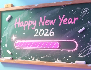 Bright text displays Happy New Year 2026 with a loading progress bar on a chalkboard background, symbolizing anticipation and celebrating the year ahead