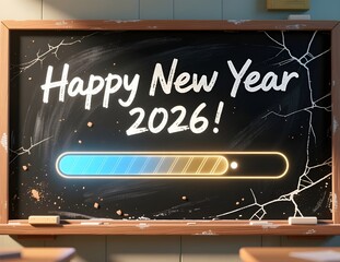 Bright text displays Happy New Year 2026 with a loading progress bar on a chalkboard background, symbolizing anticipation and celebrating the year ahead