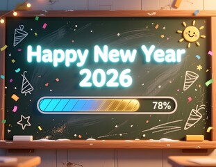 Bright text displays Happy New Year 2026 with a loading progress bar on a chalkboard background, symbolizing anticipation and celebrating the year ahead