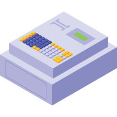 Isometric view of a light purple cash register with a blue yellow keypad and a green display screen on a transparent background