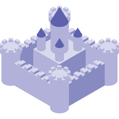 Isometric View of a Light Purple Castle Fortress with Tall Towers and Crenellated Walls Rendered in Pixel Art Style on a Transparent Background