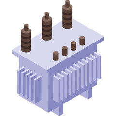 Isometric View of a Light Purple Electrical Transformer With Brown Insulators and Vertical Fins on a White Background Ideal for Energy and Power Concepts