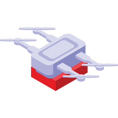 Isometric view of a light purple drone with four propellers carrying a bright red cubic package on a clean white background for delivery services and technology concepts