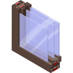Isometric View of a Modern Double Glazed Window Section with Brown Frame and Triple Panes of Blue Glass Detailed Architectural Representation of Window Technology and Energy Efficiency