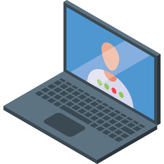 Isometric view of a modern dark grey laptop displaying a simple pixelated user profile icon with colorful dots on a blue screen with no background.