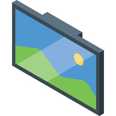 Isometric view of a modern flat screen television displaying a vibrant landscape scene with green hills blue sky and a yellow sun against a subtle gradient background