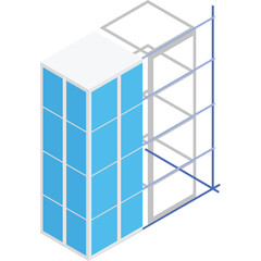 Isometric view of a modern glass office building under construction with blue glass facade and metal frame structure on a white background with a transparent background