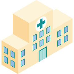 Isometric view of a modern hospital building with a prominent green cross symbol on a clear day with a pale yellow facade and light blue windows and doors symbolizing healthcare and medical services