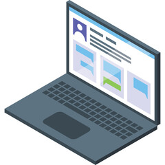 Isometric View of a Modern Laptop Displaying a User Profile Page with Social Media Feeds on a White Background
