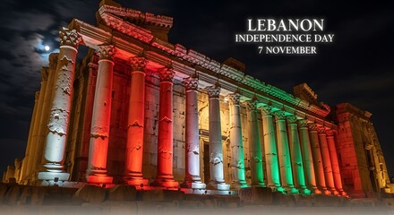 Obraz premium Baalbek Temple Illuminated for Lebanon Independence Day, Moonlit Night