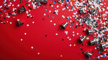 Elegant red backdrop with silver confetti and party bells, perfect for a sophisticated holiday or event design