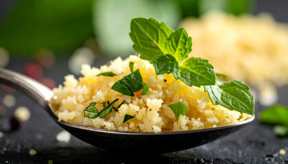 Spoonful of couscous garnished with herbs in extreme macro detail