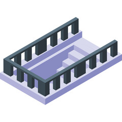 Isometric View of a Light Purple Swimming Pool with Dark Gray Railings and Stairs and a White Base Underneath a Soft Blue Sky