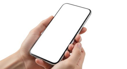 Close up view of a person's hands holding a modern smartphone with a blank white screen isolate mobile phone blank screen technology device communication