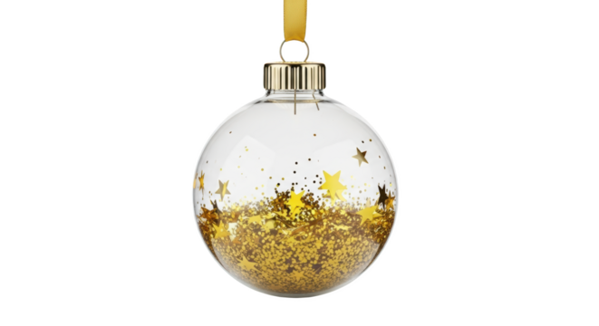 Clear glass Christmas ornament filled with gold glitter and star shaped confetti suspended by a golden ribbon isolate ball decoration stars transparent