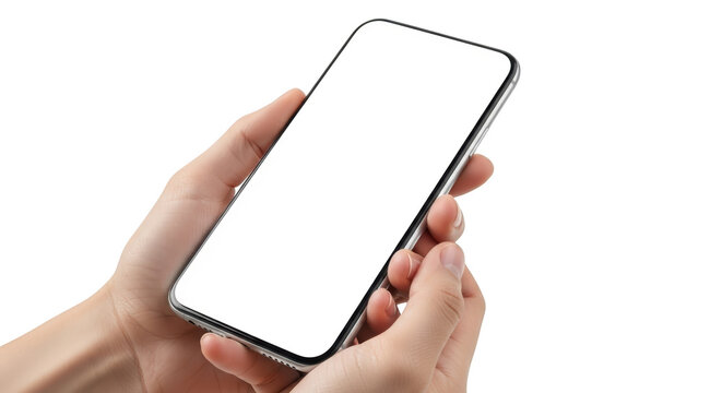 Close up view of a person's hands holding a modern smartphone with a blank white screen isolate mobile phone blank screen technology device communication