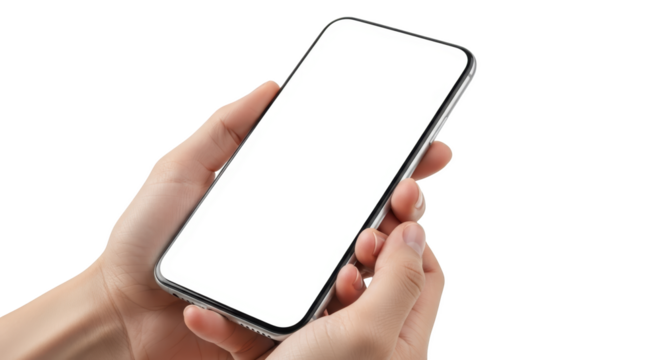 Close up view of a person's hands holding a modern smartphone with a blank white screen isolate mobile phone blank screen technology device communication