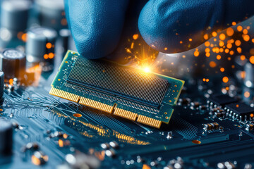 Gloved hand installs high speed RAM module on circuit board, with sparks symbolizing technology