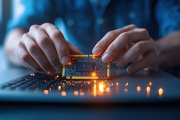 Hands of computer engineer carefully installing new circuit board on keyboard, glowing lights