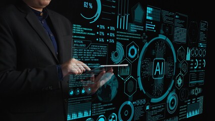 A business professional interacts with a tablet while surrounded by advanced AI data visualizations, showcasing futuristic analytics in a modern setting. Cipher