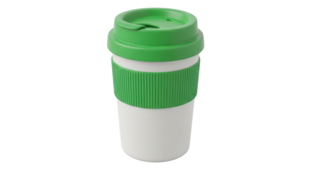 White reusable travel mug with green lid and textured grip studio shot isolate coffee cup tea cup drinkware to go cup beverage container isolated clean
