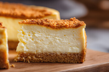 Horizontal close-up of Baku-style cheesecake slice showing thick creamy cheese layer and golden crunchy biscuit crust, detailed texture, warm ambient bakery lighting.