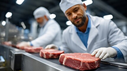 A man is working in a meat processing plant