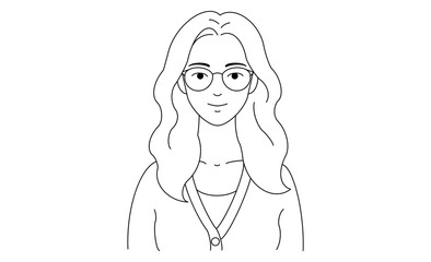 ロングのメガネ女性のバストアップ線画イラストアイコン