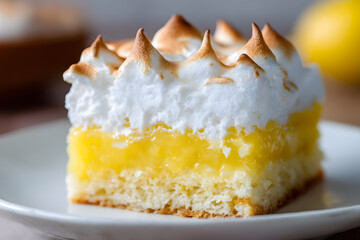 Horizontal close-up of lemon meringue cake slice with bright lemon curd layer, toasted fluffy meringue peaks, soft natural light, texture contrast, white ceramic plate.