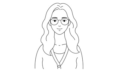 ロングのメガネ女性のバストアップ線画イラストアイコン