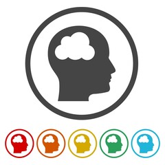 Head icon with cloud sign. Set icons in color circle buttons