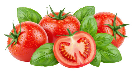 Ripe red tomatoes glistening with water droplets with fresh green basil leaves isolate food ingredient cooking healthy organic plant leaf herb garnish