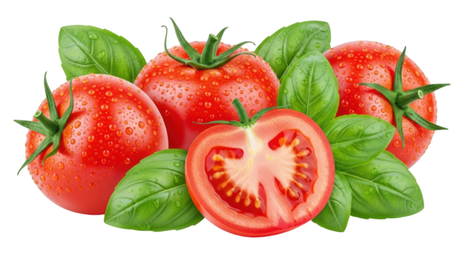 Ripe red tomatoes glistening with water droplets with fresh green basil leaves isolate food ingredient cooking healthy organic plant leaf herb garnish