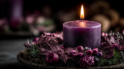 First Advent Candle Burning in Violet Watercolor Glow.