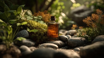 Fototapeta premium A glass bottle filled with amber liquid sits among smooth stones and lush green plants in a natural setting. Sunlight filters through the foliage.