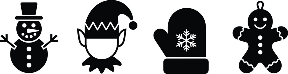 Christmas silhouette icons, snowman, elf face, mitten with snowflake, gingerbread ornament, winter holiday vector, festive black shapes, seasonal clipart