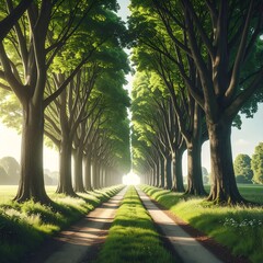 Obraz premium A sunlit path lined with tall trees, leading towards the bright horizon