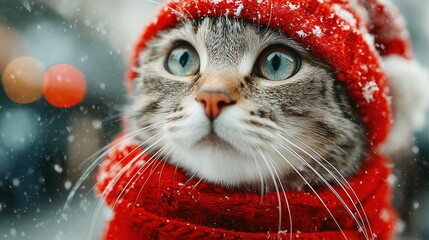 A cute gray tabby cat wearing a red scarf and hat, surrounded by falling snowflakes. The cat has bright blue eyes and a curious expression.