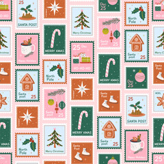Vintage Christmas post stamp card seamless pattern. Happy Holidays cute postage stamps background. Xmas print with postage stickers. Hand drawn illustration.