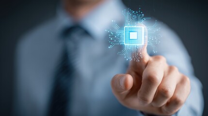 A businessman in a suit interacts with a digital interface. His finger touches a glowing square icon, symbolizing technology and innovation.
