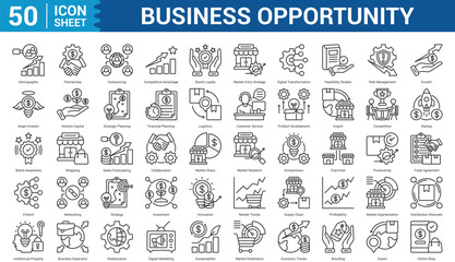 Business Opportunity Icon Set Collection Concept With Icon Of demographic, partnership, outsourcing, brand loyalty, market entry strategy, digital transformation, and more. Eps 10