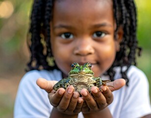 A young child, in close focus, holds a frog tenderly in both hands