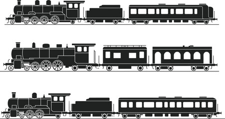 Vintage steam train silhouettes, retro locomotive vector set, classic railway transport icons, old-fashioned passenger cars, black isolated illustration, transportation clipart © Ambia Art