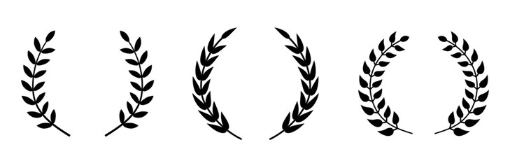 laurels icon. Set of black circular foliate laurels branches. Vector black laurels set. Emblem floral greek branch flat style