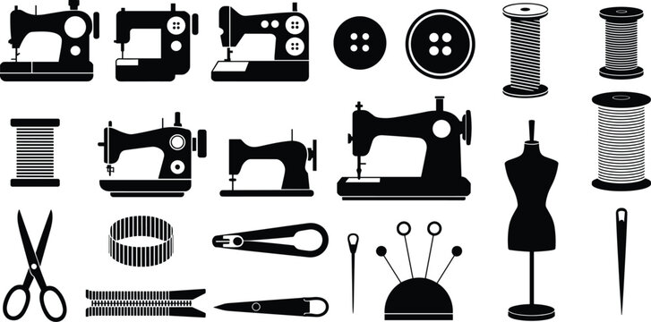 Sewing machine silhouettes, tailoring tools, thread spools, buttons, scissors, dress form, needle, pins, safety pins, fashion design vector icons set