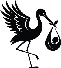 Stork carrying baby silhouette, flying bird with newborn bundle, black and white vector, birth announcement icon, maternity symbol, folklore theme
