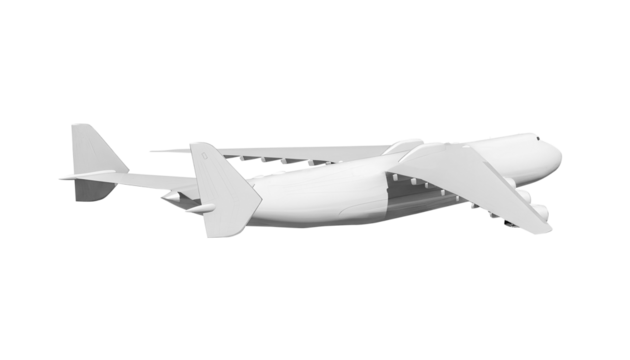 White airplane Antonov An-225 Mriya side view back angle isolated on a transparent background. Modern giant cargo airplane wtih six engines. The largest cargo airplane in the world.