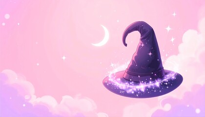 Pastel Halloween night sky glows with moon, stars, and floating witch hat
