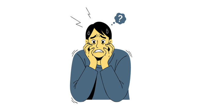 Anxiety illustration showing a person looking distressed with their hands on their face and a question mark symbolizing confusion or worry